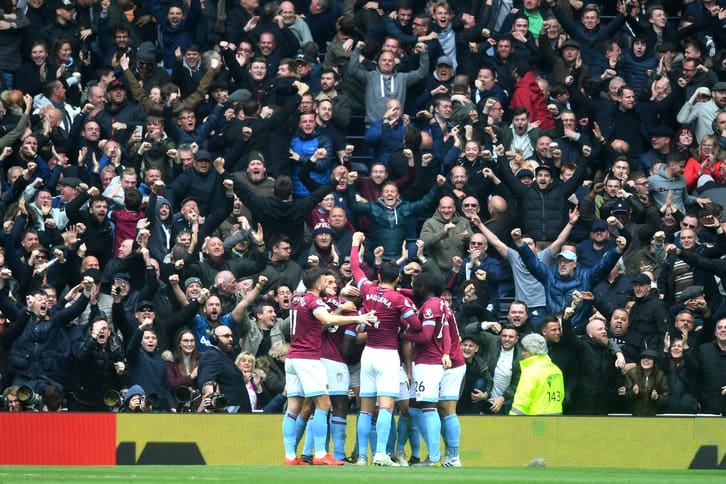 The Claret &amp; Blue Army celebrate at Spurs