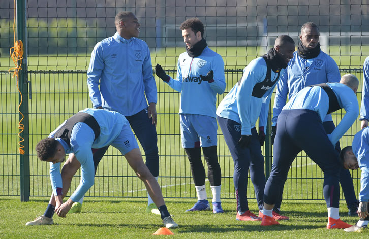 Issa Diop and Felipe Anderson in training at Rush Green on Monday