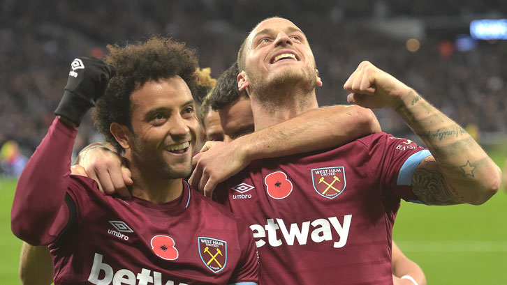 Felipe Anderson and Marko Arnautovic celebrate scoring against Burnley