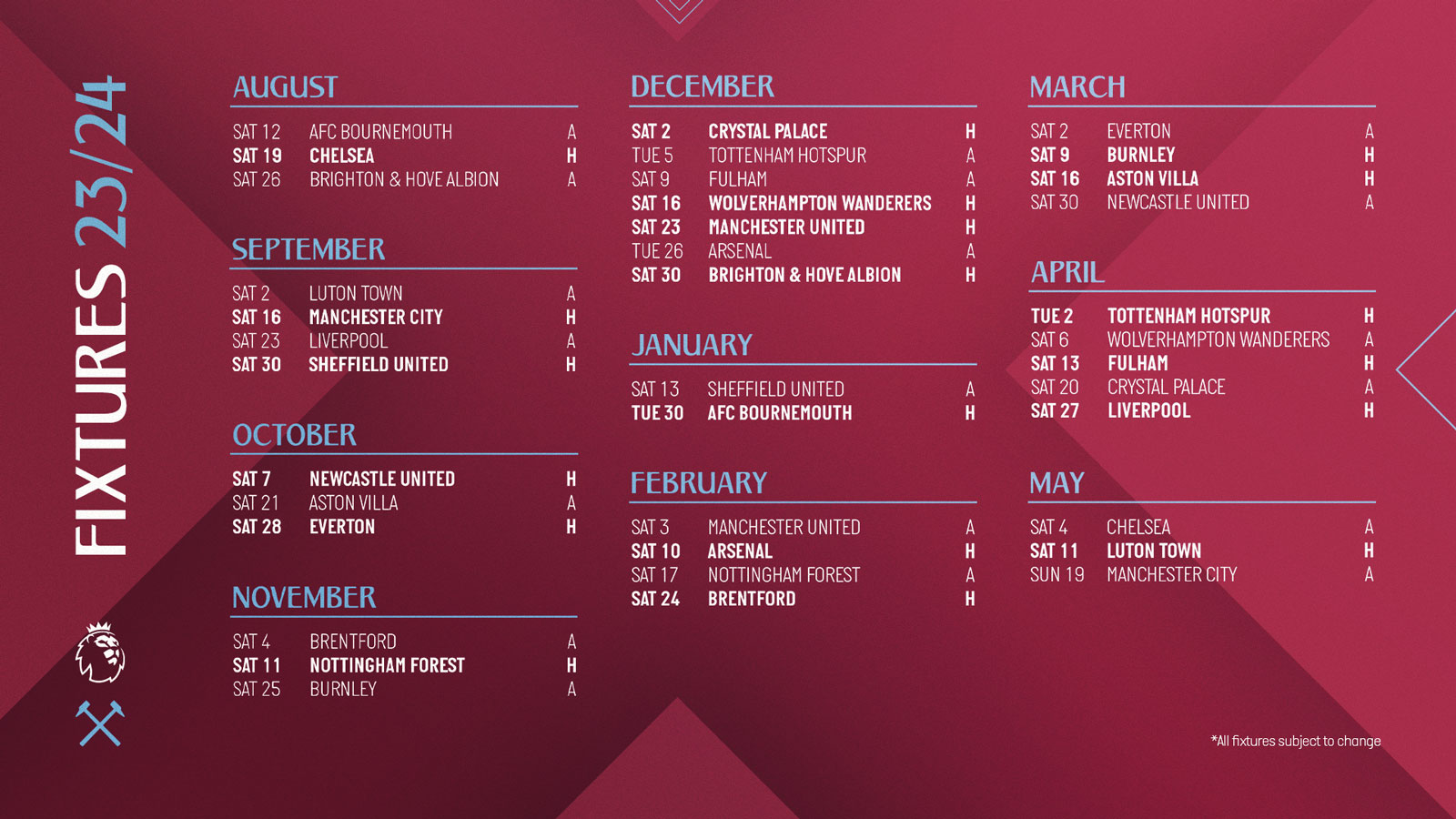 2023/24 Fixtures Every home and away game revealed West Ham United F.C.