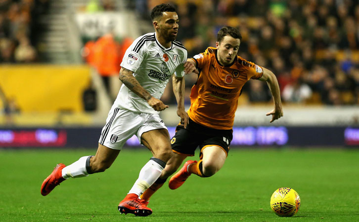Ryan Fredericks takes on Wolves' Diogo Jota at Molineux in 2017