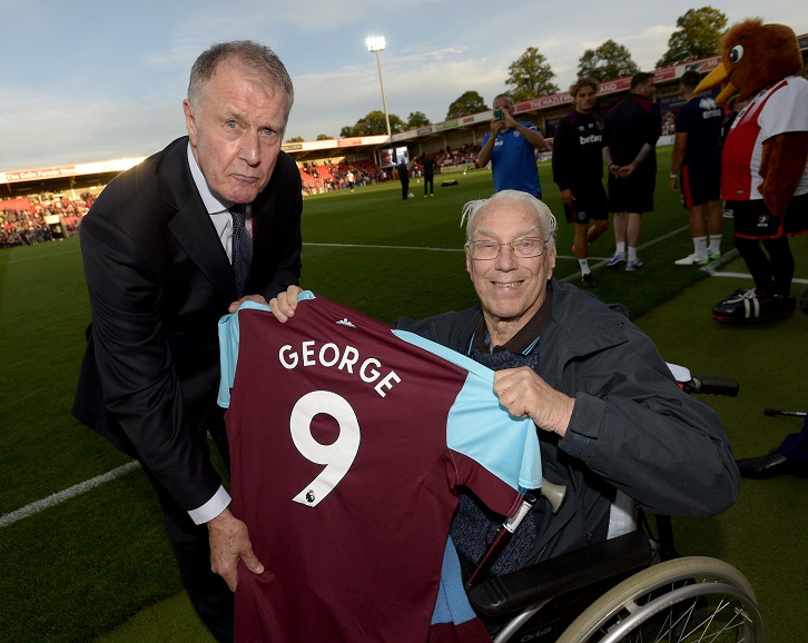 Lifelong Hammer George Davies met his hero Sir Geoff Hurst at Cheltenham Town