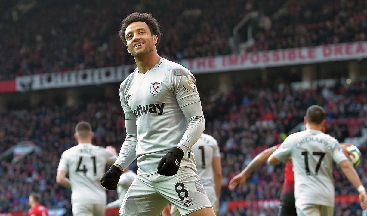 Felipe Anderson celebrates his goal at Manchester United