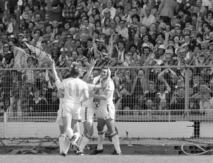 Sir Trevor Brooking celebrates his goal