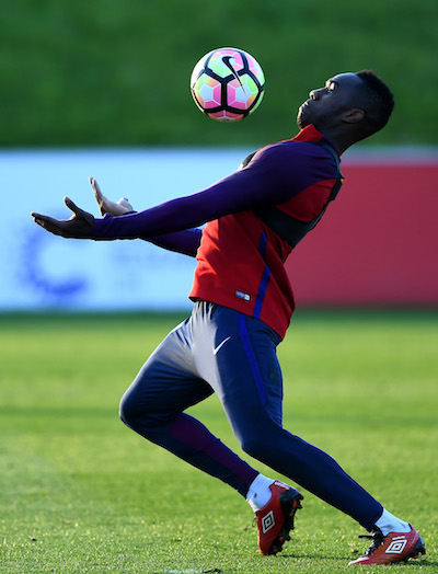 Antonio brings the ball under control during training with England