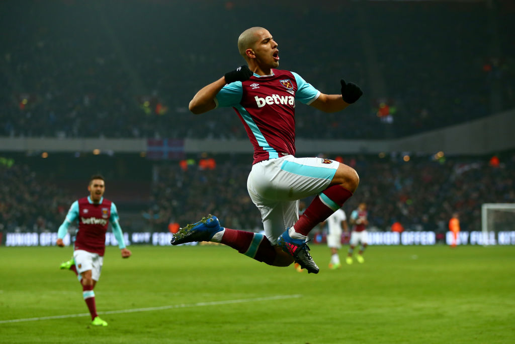 Sofiane Feghouli celebrates scoring for West Ham United in February 2017