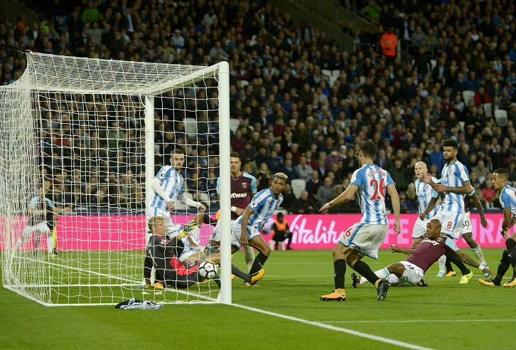 Andre Ayew scores West Ham United's second goal against Huddersfield Town
