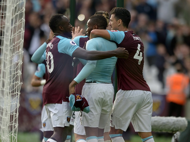 West Ham United players celebrate Diafra Sakho's winner against Swansea City last time out