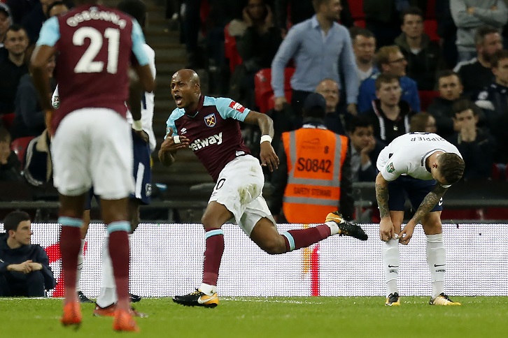Andre Ayew celebrates drawing West Ham United level at Wembley