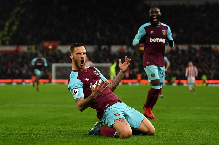 Marko Arnautovic celebrates his goal at Stoke City