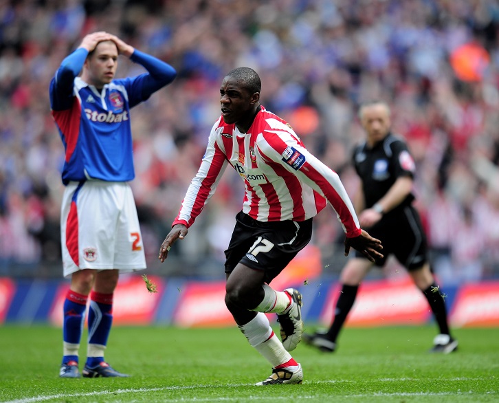 Michail Antonio celebrates scoring for Southampton in the 2010 Johnstone's Paint Trophy final