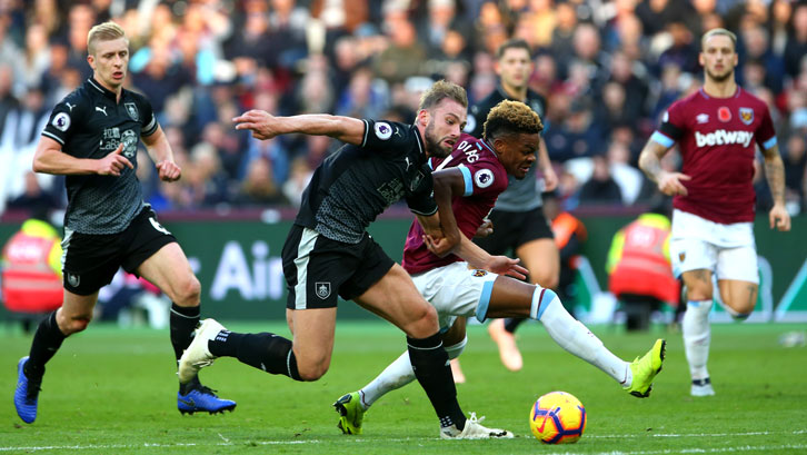 Grady Diangana takes on Burnley's Charlie Taylor during Saturday's win