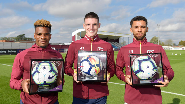 Grady Diangana, Declan Rice and Ryan Fredericks with their Premier League Debut Footballs