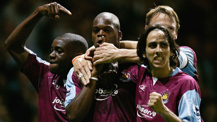 Marlon Harewood celebrates with Nigel Reo-Coker, Teddy Sheringham and Yossi Benayoun