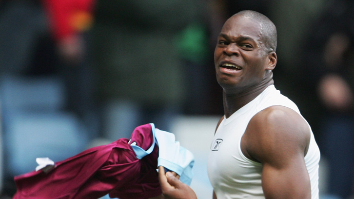 Marlon Harewood celebrates scoring against Arsenal