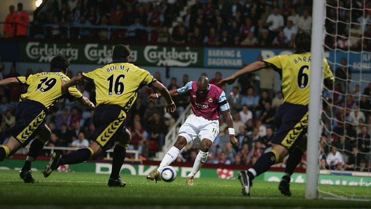 Marlon Harewood scores one of his three goals against Aston Villa in September 2005