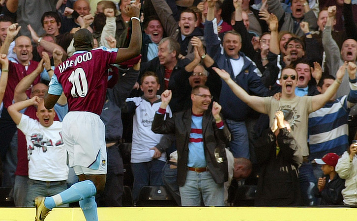 Marlon Harewood celebrates with West Ham United fans