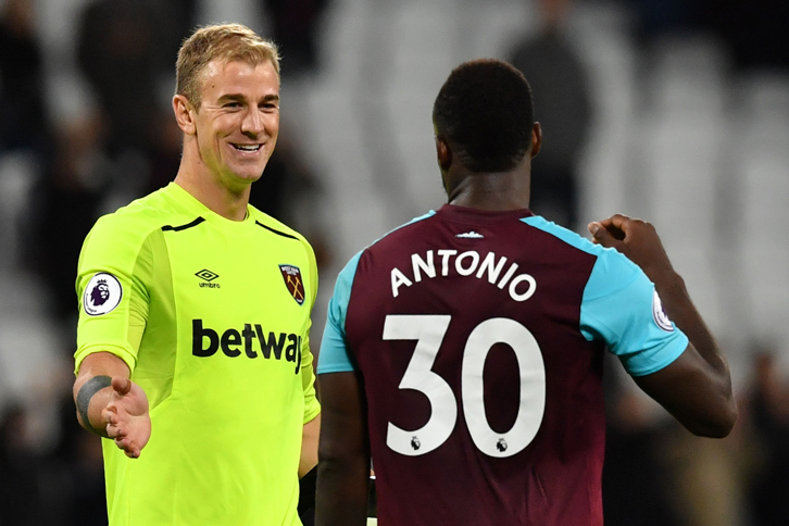 Joe Hart and Michail Antonio celebrate