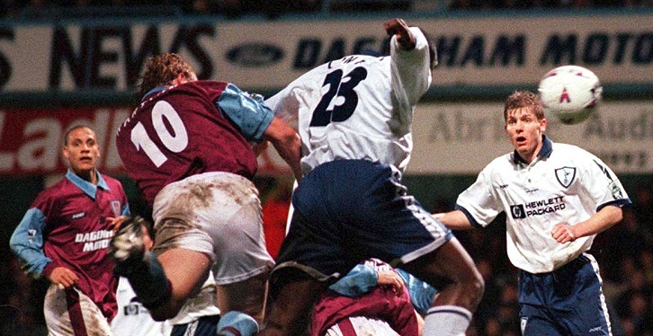 John Hartson scores against Tottenham in February 1997