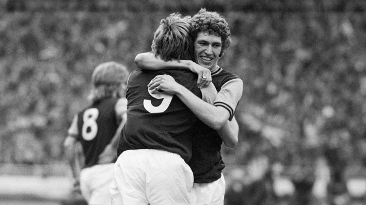 Pat Holland celebrates winning the FA Cup in 1975