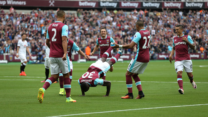 Michail Antonio celebrates a goal with 'The Worm' dance