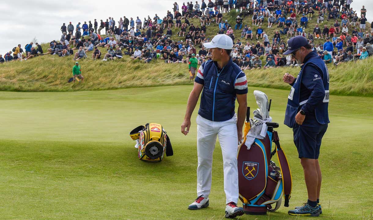 Billy Horschel with his West Ham bag at The Open