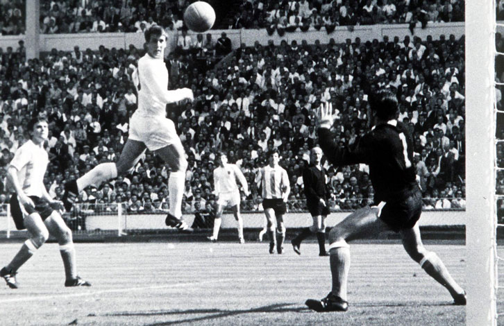 Geoff Hurst scores against Argentina in 1966