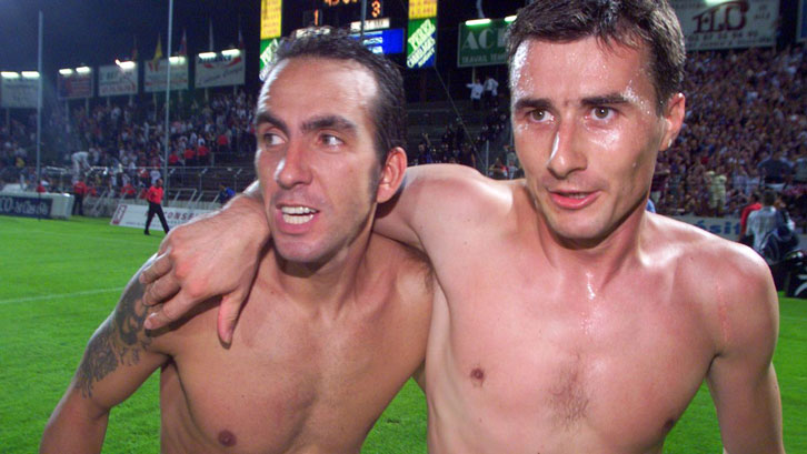 Paolo Di Canio and Marc Keller celebrate UEFA Intertoto Cup glory in Metz