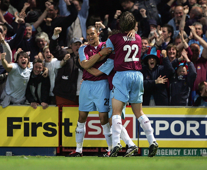 Bobby Zamora celebrates scoring at Ipswich Town in the 2005 Championship Play-Offs