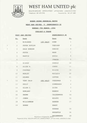 Bobby Moore Memorial Match teamsheet