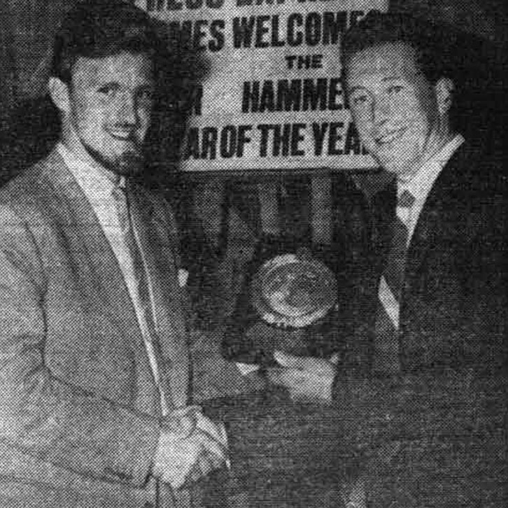 Ken Brown receives his 1959 Hammer of the Year award from Jimmy Hill