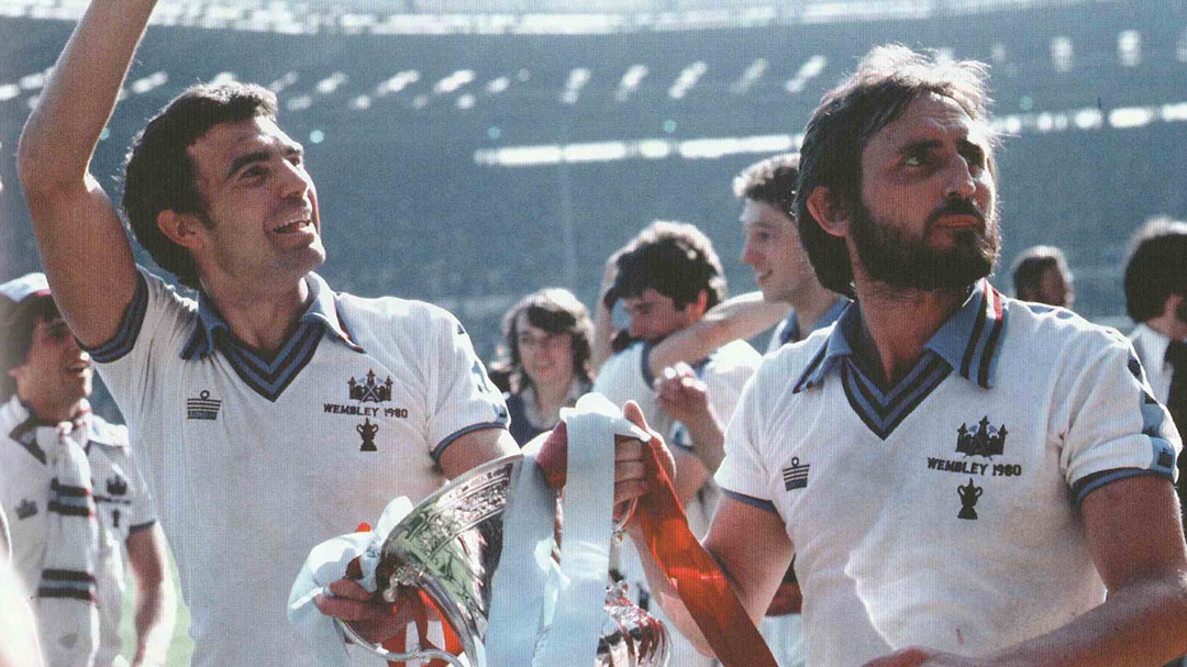 Frank Lampard Senior and Trevor Brooking celebrate winning the FA Cup in 1980