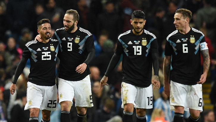 Manuel Lanzini (left) celebrates his goal with Gonzalo Higuain, Ever Banega and Lucas Biglia