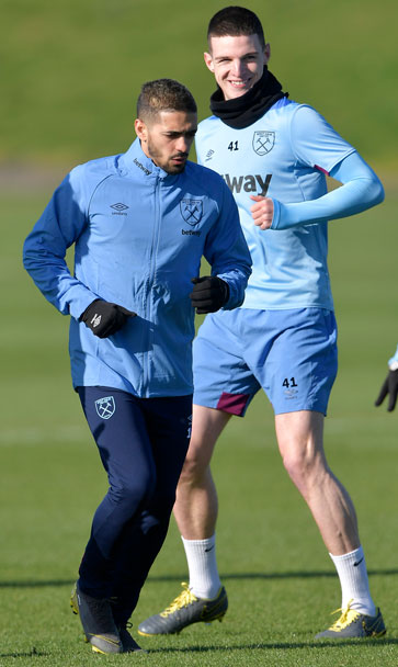 Manuel Lanzini and Declan Rice in training at Rush Green