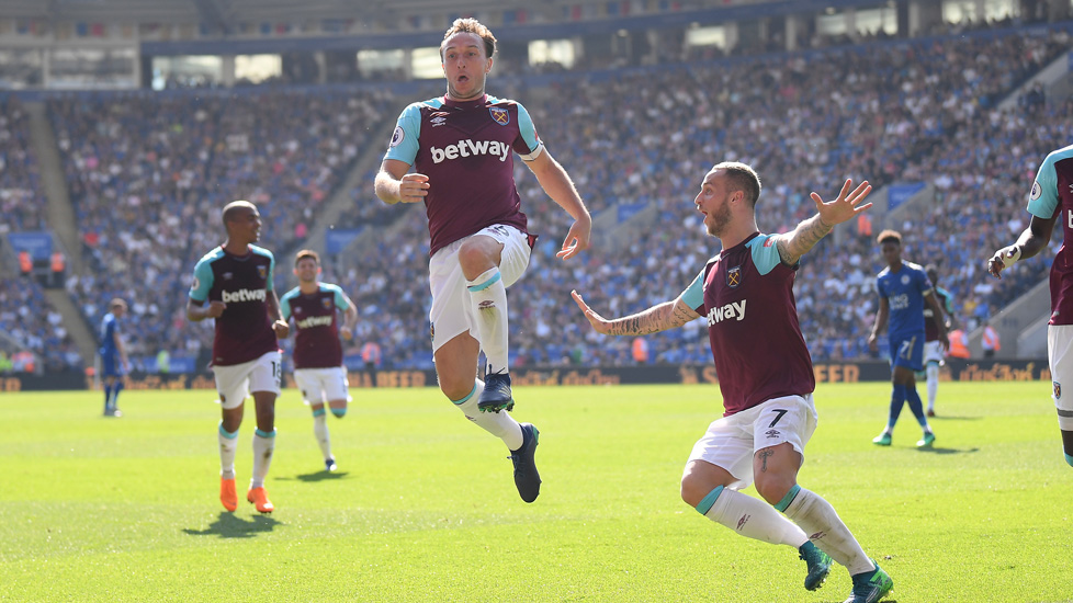 Mark Noble celebrates scoring at Leicester