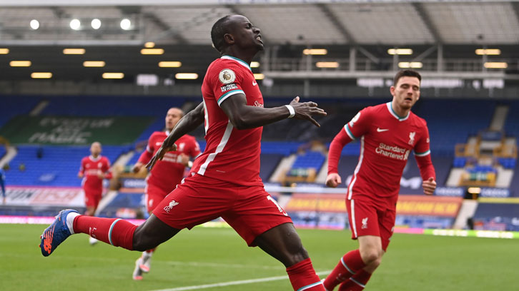Sadio Mane celebrates scoring at Everton