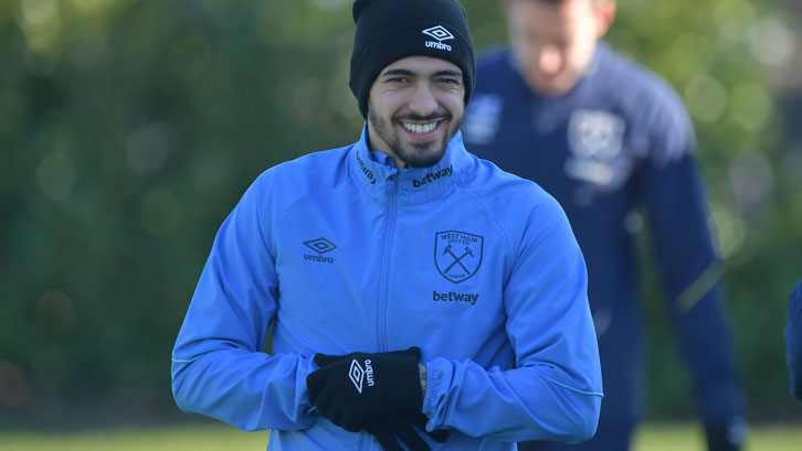 Manuel Lanzini smiles during a training session at Rush Green