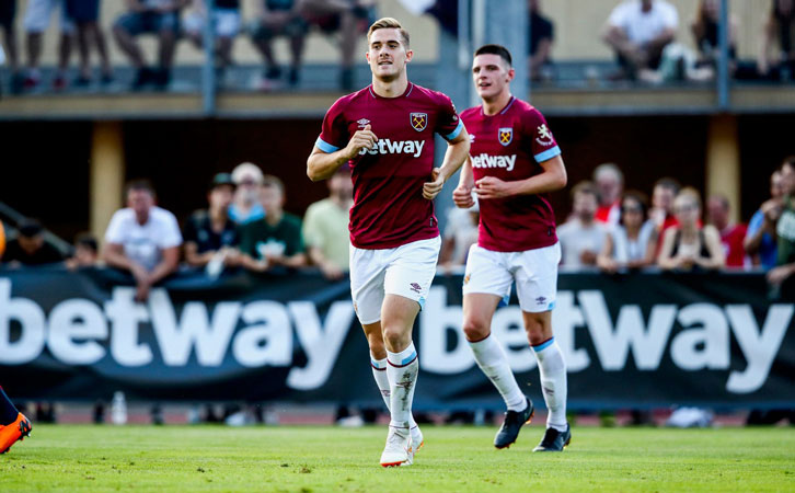 Toni Martinez celebrates scoring West Ham United's goal at the Silberstadt Arena