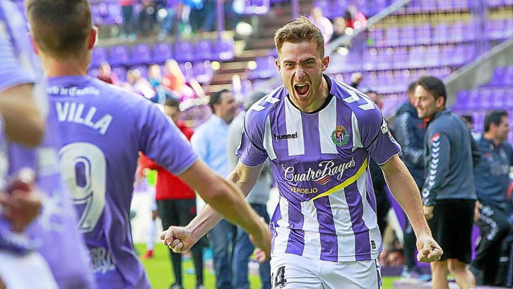 Toni Martinez celebrates scoring his first goal for Real Valladolid