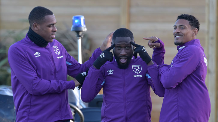 The DR Congo international shares a joke with Issa Diop and Sebastien Haller
