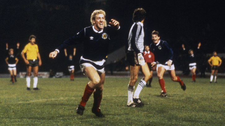 Frank McAvennie celebrates scoring against Australia in November 1985