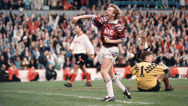 Frank McAvennie celebrates completing his hat-trick against Nottingham Forest in May 1992