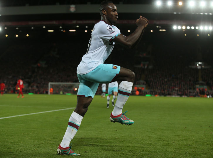 Michail Antonio celebrates scoring at Anfield