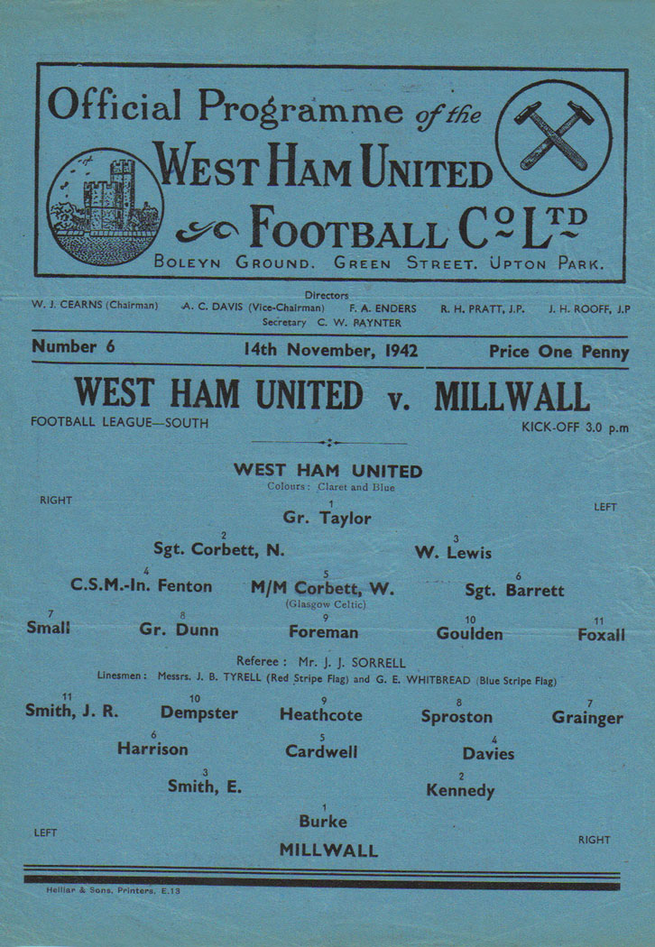 West Ham v Millwall programme cover from November 1942