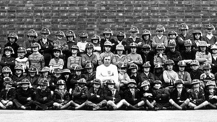 Bobby Moore with schoolboys at St Edward's Roman Catholic School