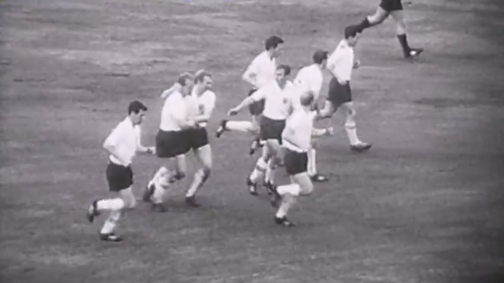 Bobby Moore (third from left) congratulates England goalscorer Ron Flowers