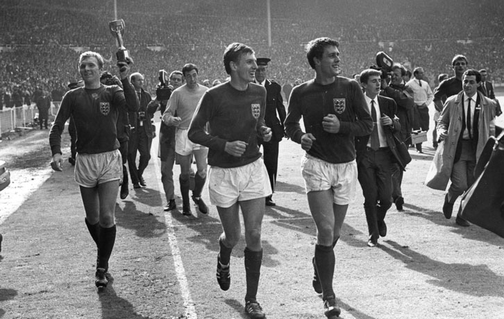 Bobby Moore, Martin Peters and Geoff Hurst celebrate winning the World Cup exactly 52 years ago