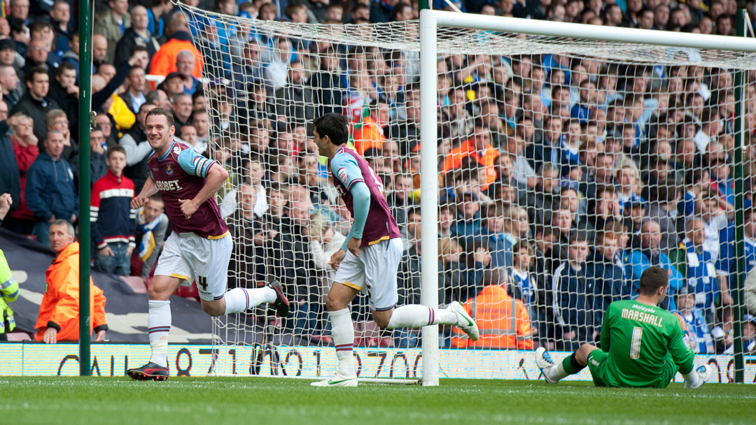 Kevin Nolan celebrates scoring against Cardiff in May 2012