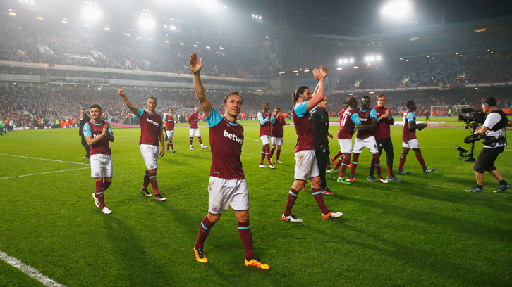 Mark Noble gestures to the crowd after the Final Game at the Boleyn Ground
