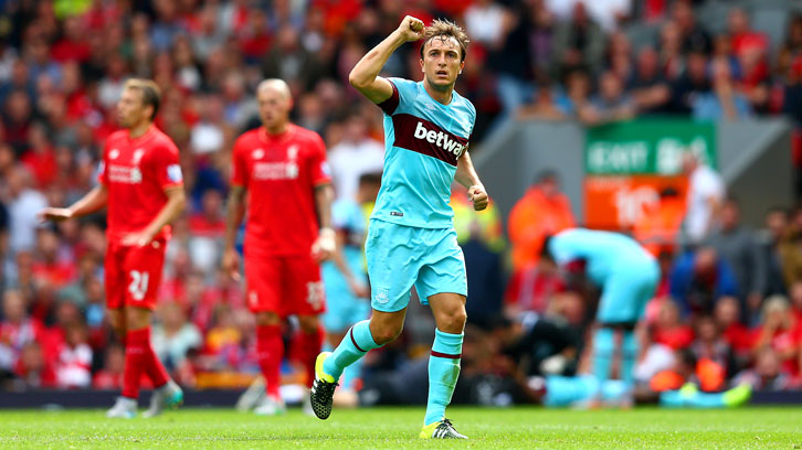 Mark Noble celebrates at Anfield in 2015